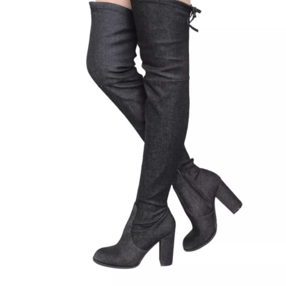BLACK DENIM OVER THE KNEE  BLOCK PLASFORM HEEL BOOT